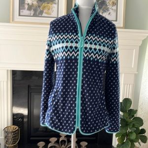 Talbots long sleeve fleece jacket. XS navy, white ,gray and aqua Hip length.